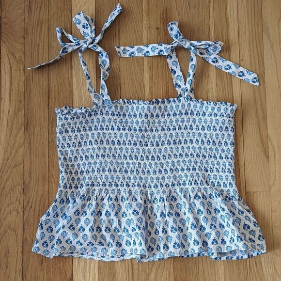 J. Crew Blue and white ikat print smocked peplum tank top sleeveless blouse - Picture 2 of 4
